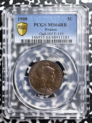 1908 France 5 Centimes PCGS MS64RB Lot#G7268 Beautiful Toning! Gad-165, F-119