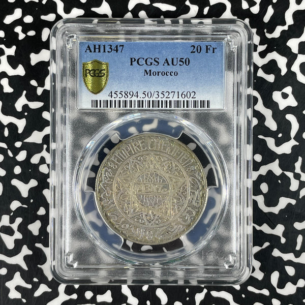 AH1347 (1929) Morocco 20 Francs PCGS AU50 Lot#G2029 Silver! Key