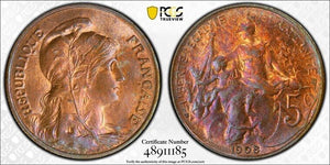 1908 France 5 Centimes PCGS MS64RB Lot#G7268 Beautiful Toning! Gad-165, F-119