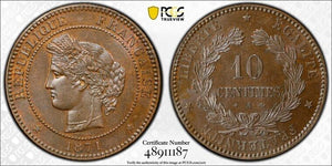 1871-A France 10 Centimes PCGS MS63BN Lot#G7270 Choice UNC! Petit 'A' Gad-265
