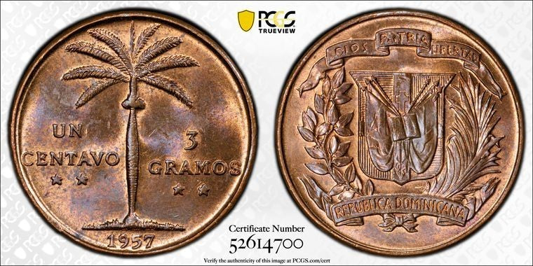 1957 Dominican Republic 1 Centavo PCGS MS64RB Lot#G701 Choice UNC!