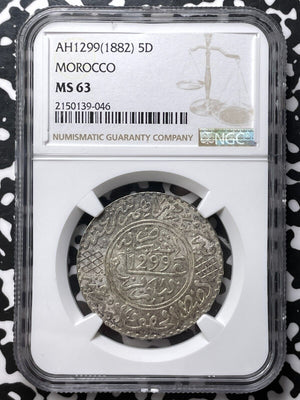 AH 1299 (1882) Morocco 5 Dirhams NGC MS63 Lot#G7154 Silver! Choice UNC!