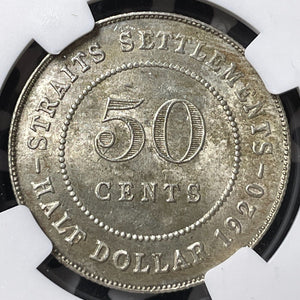 1920 Straits Settlements 50 Cents NGC MS63 Lot#G7264 Silver! Cross Below Bust