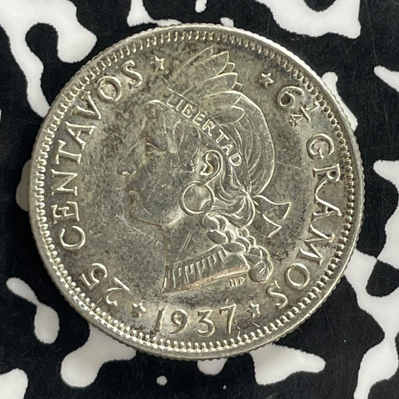 1937 Dominican Republic 25 Centavos Lot#JM0073 Silver! High Grade! Beautiful!