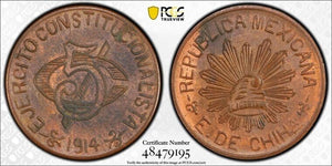 1914 Mexico Chihuahua 5 Centavos PCGS MS62RB Lot#G6908 KM#613, Choice UNC!