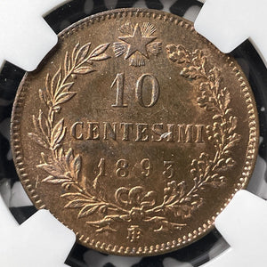 1893-BI Italy 10 Centesimi NGC MS64RB Lot#G7202 Choice UNC!