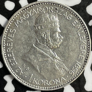1896 Hungary 1 Korona Lot#D8781 Silver! Old Cleaning
