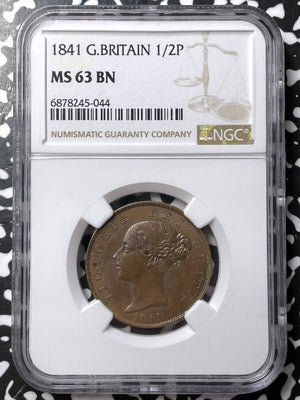 1841 Great Britain 1/2 Penny NGC MS63BN Lot#G7260 Choice UNC!