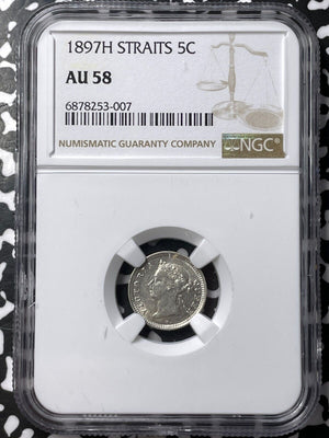 1897-H Straits Settlements 5 Cents NGC AU58 Lot#G7219 Silver!
