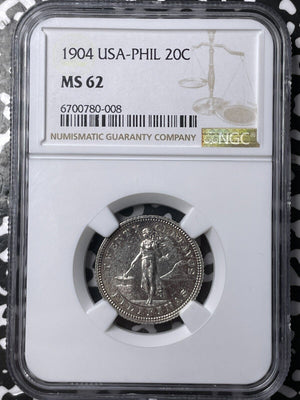 1904 U.S. Philippines 20 Centavos NGC MS62 Lot#G6947 Silver! Key Date!