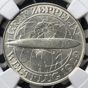 1930-D Germany Graf Zeppelin 3 Mark NGC MS62 Lot#G7211 Silver! Nice UNC!