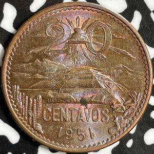 1951 Mexico 20 Centavos Lot#D8843 Key Date! Beautiful Detail, Reverse Corrosion