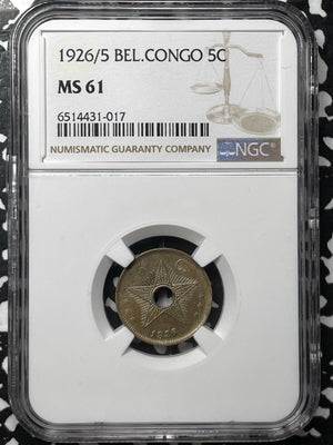 1926/5 Belgian Congo 5 Centimes NGC MS61 Lot#G4672 Nice UNC! Overdate