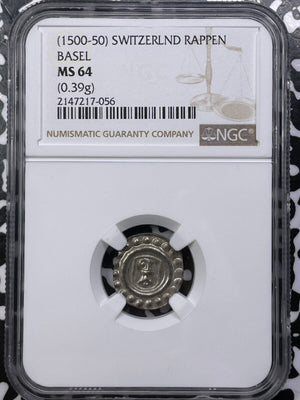 (1500-1550) Switzerland Basel 1 Rappen NGC MS64 Lot#G6011 Silver! Choice UNC!