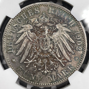 1902-F Germany Wurttemberg 5 Mark NGC MS61 Lot#G4678 Large Silver!