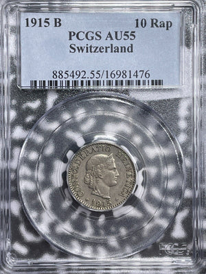 1915-B Switzerland 10 Rappen PCGS AU55 Lot#G6348 Key Date!