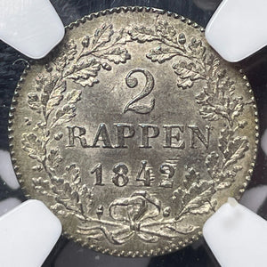 1842-D Switzerland Zurich 2 Rappen NGC MS64 Lot#G6353 Choice UNC!