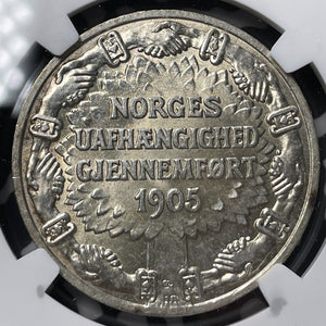 1906 Norway 2 Kroner NGC MS63 Lot#G6547 Silver! Choice UNC!