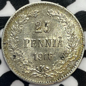 1916 Finland 25 Pennia Lot#M7407 Silver! High Grade! Beautiful!