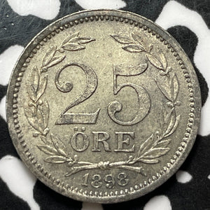 1898-EB Sweden 25 Ore Lot#JM5996 Silver! High Grade! Beautiful!