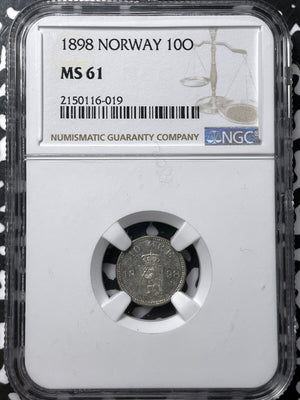 1898 Norway 10 Ore NGC MS61 Lot#G6646 Silver! Nice UNC!