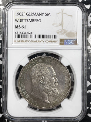 1902-F Germany Wurttemberg 5 Mark NGC MS61 Lot#G4678 Large Silver!