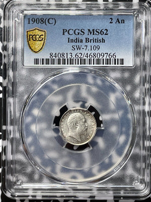 1908 India 2 Annas PCGS MS62 Lot#G4741 Silver! Nice UNC! SW-7.109