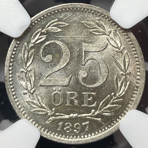 1897 Sweden 25 Ore NGC MS62 Lot#G4665 Silver! Nice UNC!