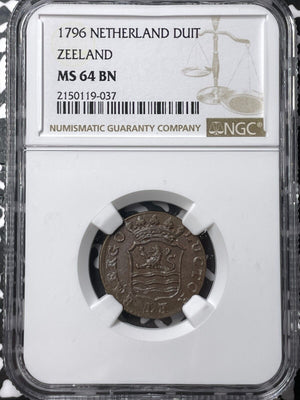 1796 Netherlands Zeeland 1 Duit NGC MS64BN Lot#G6739 Choice UNC! Top Graded!
