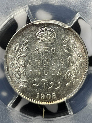 1908 India 2 Annas PCGS MS62 Lot#G4741 Silver! Nice UNC! SW-7.109