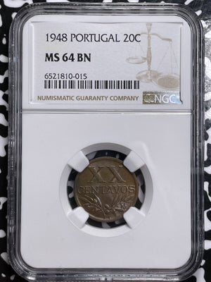 1948 Portugal 20 Centavos NGC MS64BN Lot#G4769 Choice UNC! Key Date!