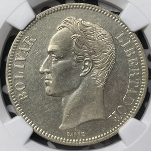 1887 Venezuela 5 Bolivares NGC Cleaned-AU Details Lot#G6103 Silver! Key Date!