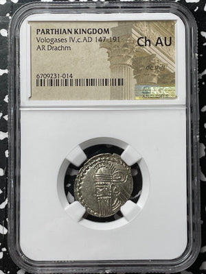 (147-191 AD) Parthian Kingdom Vologases IV AR Drachm NGC Ch AU Lot#G4508 Silver!
