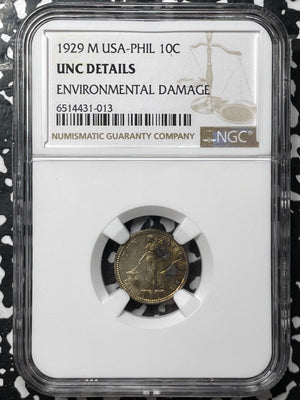 1929-M U.S Phili. 10 Centavos NGC Enviorment. Damage-UNC Detail Lot#G4671 Silver