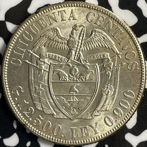 1934 Colombia 50 Centavos Lot#D4368 Silver! Beautiful Detail, Old Cleaning
