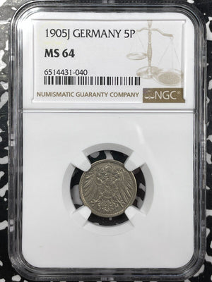 1905-J Germany 5 Pfennig NGC MS64 Lot#G4694 Choice UNC!