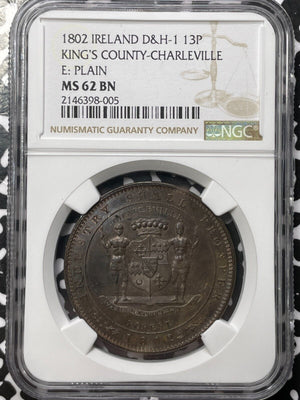 1802 Ireland Charleville 1 Shilling & 1 Penny Token NGC MS62BN Lot#G5960 Scarce!