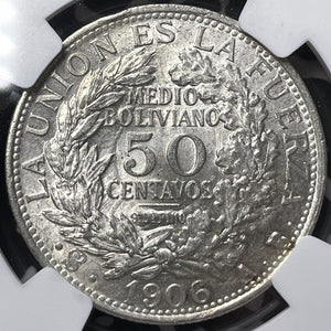 1906-PTS AB Bolivia 50 Centavos NGC MS61 Lot#G6742 Silver! Nice UNC!