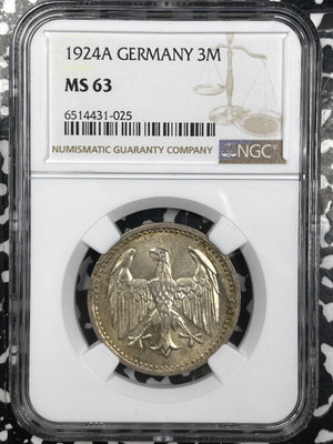 1924-A Germany 3 Mark NGC MS63 Lot#G4679 Silver! Choice UNC!