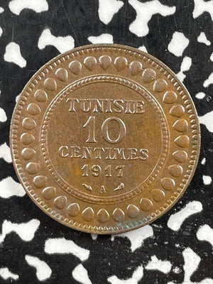1917-A Tunisia 10 Centimes Lot#M2531 Beautiful Detail, Corrosion Spot