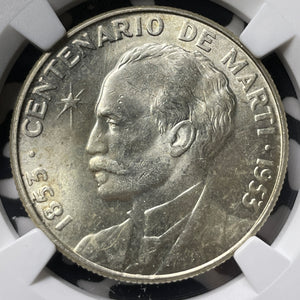 1953 Caribbean Jose Marti 50 Centavos NGC MS63 Lot#G8541 Silver!