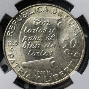 1953 Caribbean Jose Marti 50 Centavos NGC MS63 Lot#G8541 Silver!