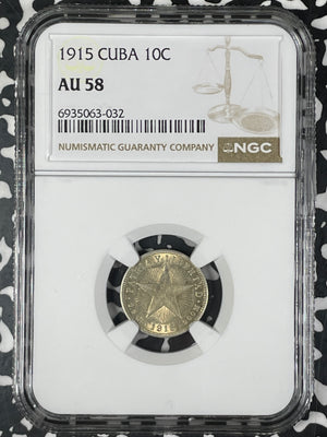 1915 Caribbean 10 Centavos NGC AU58 Lot#G009 Silver!