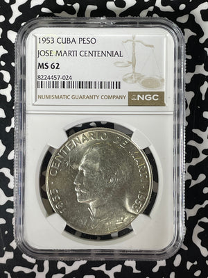 1953 Caribbean Jose Marti 1 Peso NGC MS62 Lot#G272 Silver! Nice UNC!