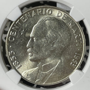 1953 Caribbean Jose Marti 1 Peso NGC MS62 Lot#G272 Silver! Nice UNC!