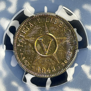 1943 Caribbean 5 Centavos PCGS MS63 Lot#G910 Beautiful Toning! Brass