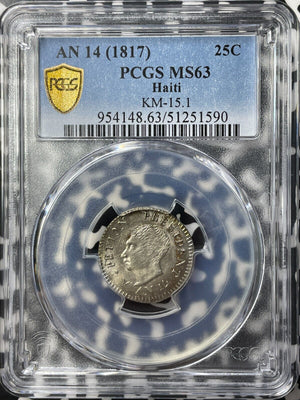 AN 14 (1817) Haiti 25 Centimes PCGS MS63 Lot#G9179 Silver! Choice UNC! KM#15.1