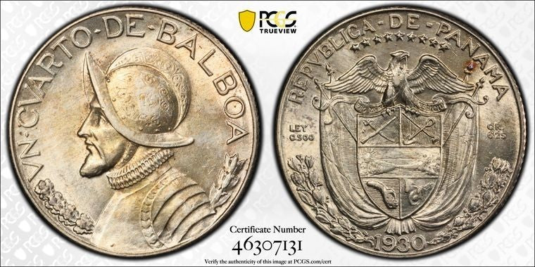 1930 Panama 1/4 Balboa PCGS MS62 Lot#G2104 Silver! Nice UNC!