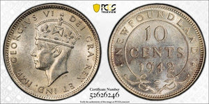 1942-C Newfoundland 10 Cents PCGS MS63 Lot#G971 Silver! Choice UNC!
