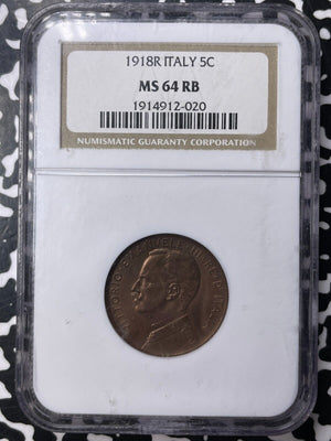 1918-R Italy 5 Centesimi NGC MS64RB Lot#G9417 Choice UNC!